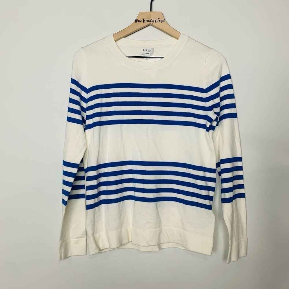 J. Crew Men's Cream and Blue Striped Crewneck Sweater